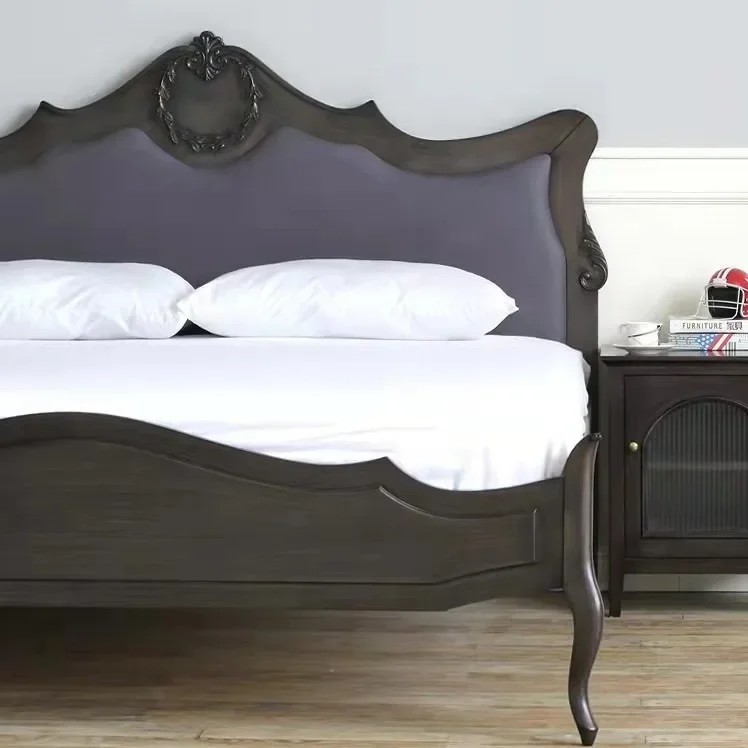 Amerikanisches leichtes Luxus-Kunst-Empire-Glory-Massivholz-Retro-Alt-Doppelbett im französischen Landhausstil mit hoher Rückenlehne und Säulenbettmöbel