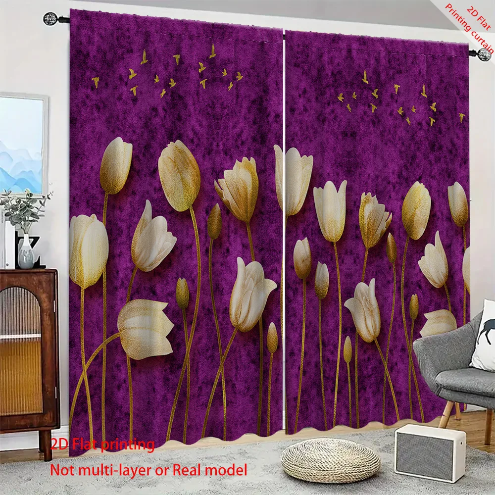 

Purple tulip printed curtains, dreamy home decoration, suitable for living rooms, bedrooms, balconies, and office sunshades