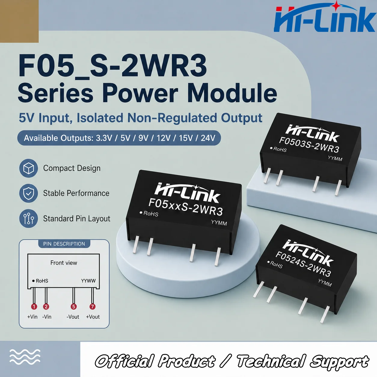 Hi-Link F0505S F0512S 2W Стандартный SIP-конвертер с контактами, барьер напряжения 3000VDC, автоматическое сбросение, защита от короткого замыкания, потребление без нагрузки 0.025W
