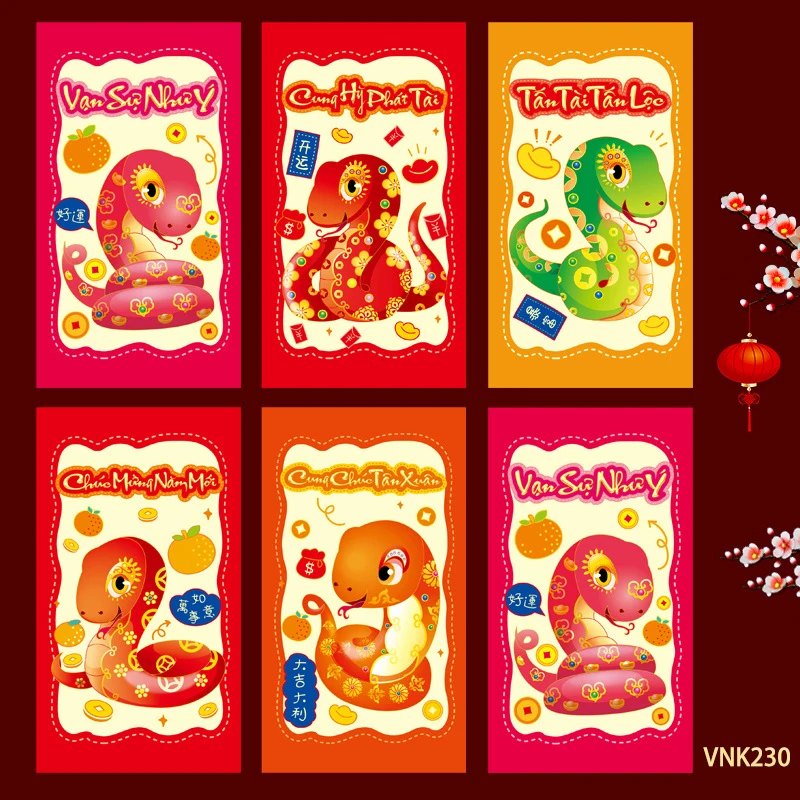 6Pcs Creative Vietnamese Red Envelopes 2025 New Year Red Pocket Money Packing Bag Hongbao Spring Festival Red Packets Decoration