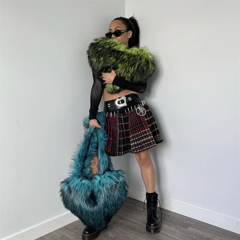 Winter Furry Handbag Women Gothic Punk Harajuku Y2k Hot Fashion Girls Heart Shaped Faux Fox Raccoon Fur Messenger Shoulder Bag