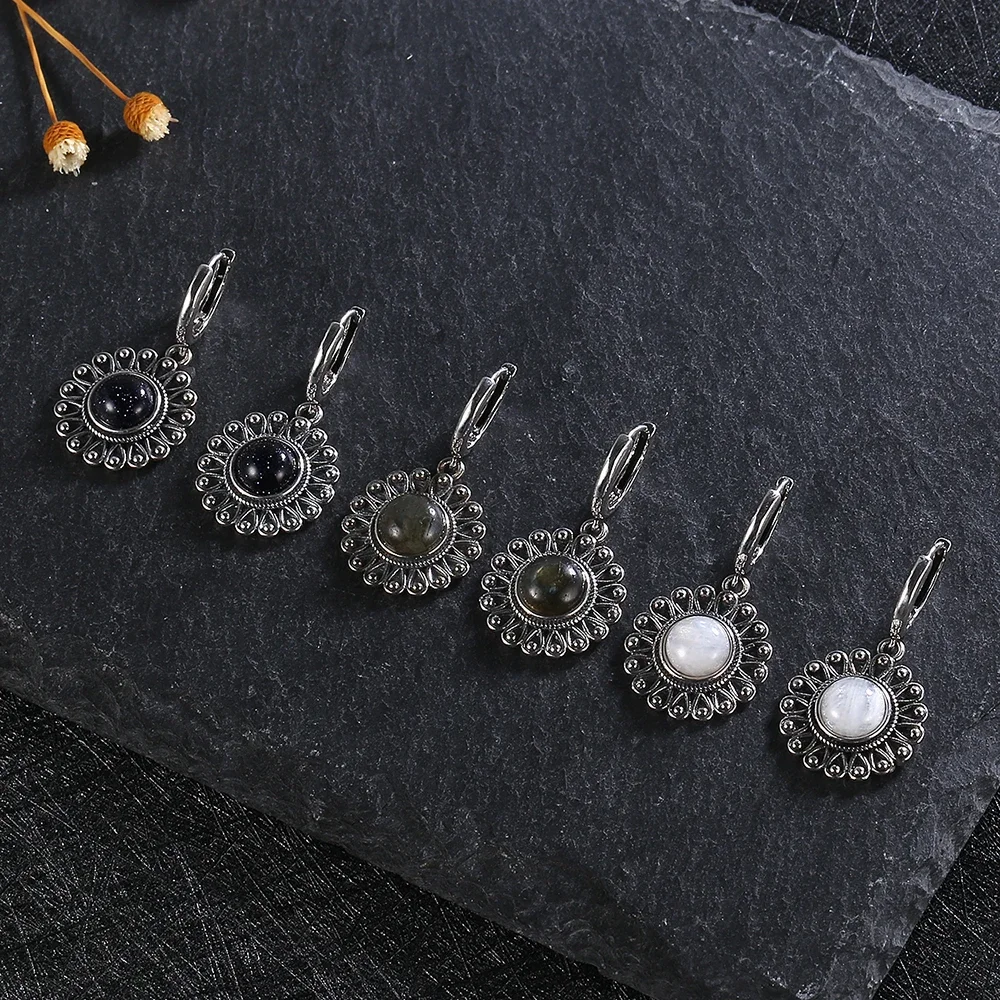 Natürliche Kyanit-Ohrringe für Damen, S925-Silber, Sonnenblumenform, Retro-Silber-Labradorit-Creolen – Detail 21