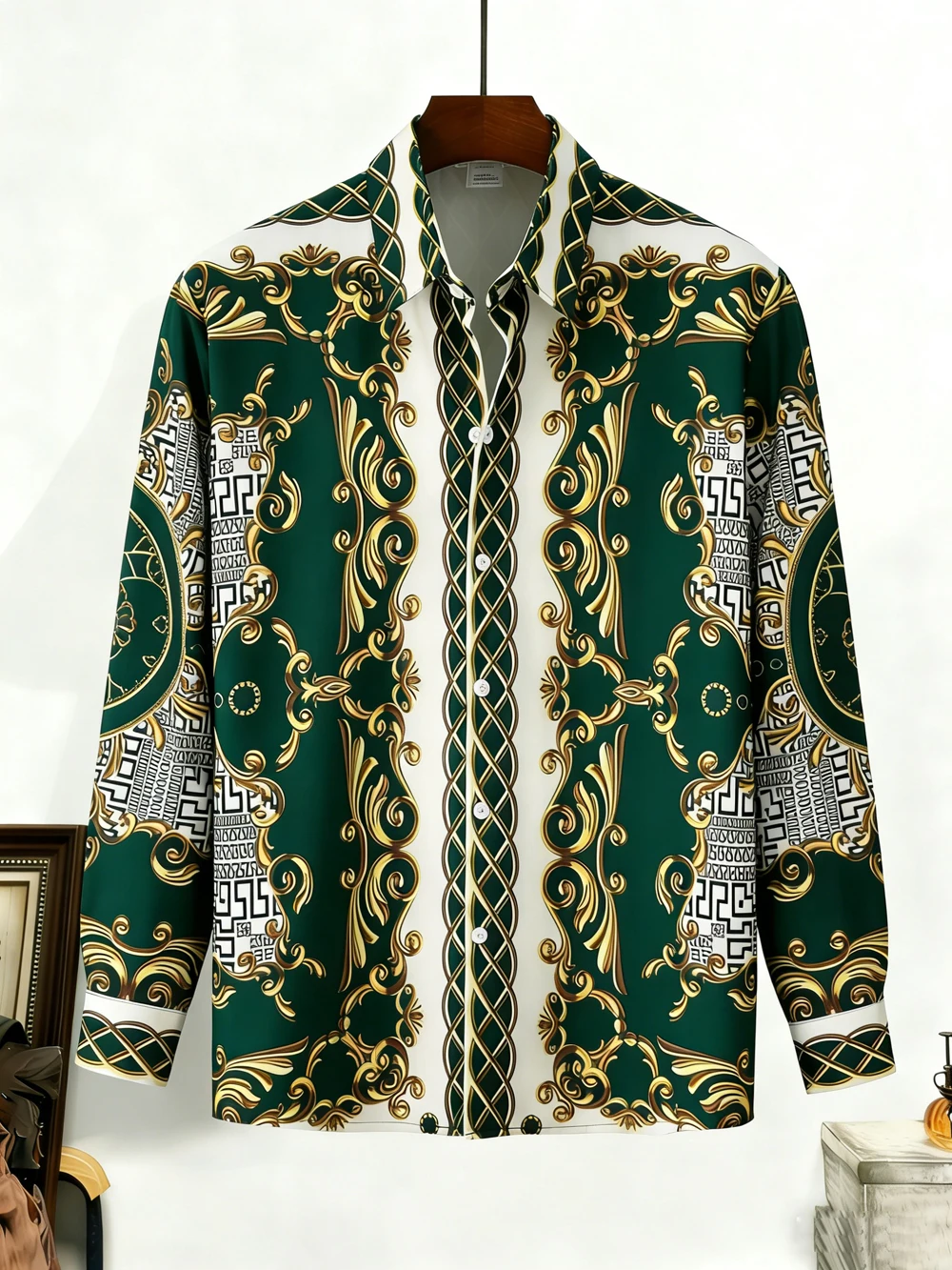 men's new light luxury long-sleeved shirt European style curly grass pattern high-definition printed shirt designer clothing