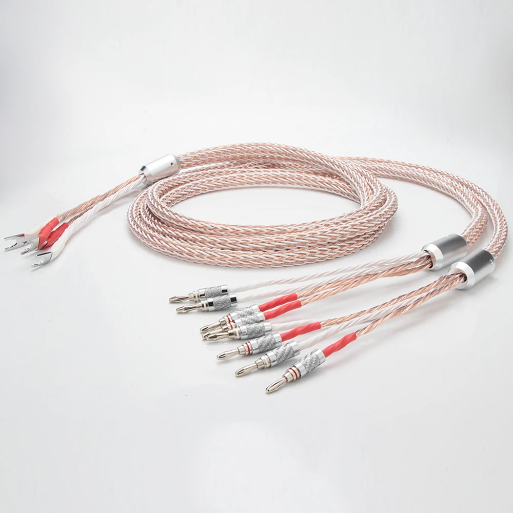 HiFi Audio 12TC Speaker Cable 2 Y-spade Plug to 4 Banana Jack Hi-End OCC Biwire Loudspeaker Cable for Speaker Amplifier