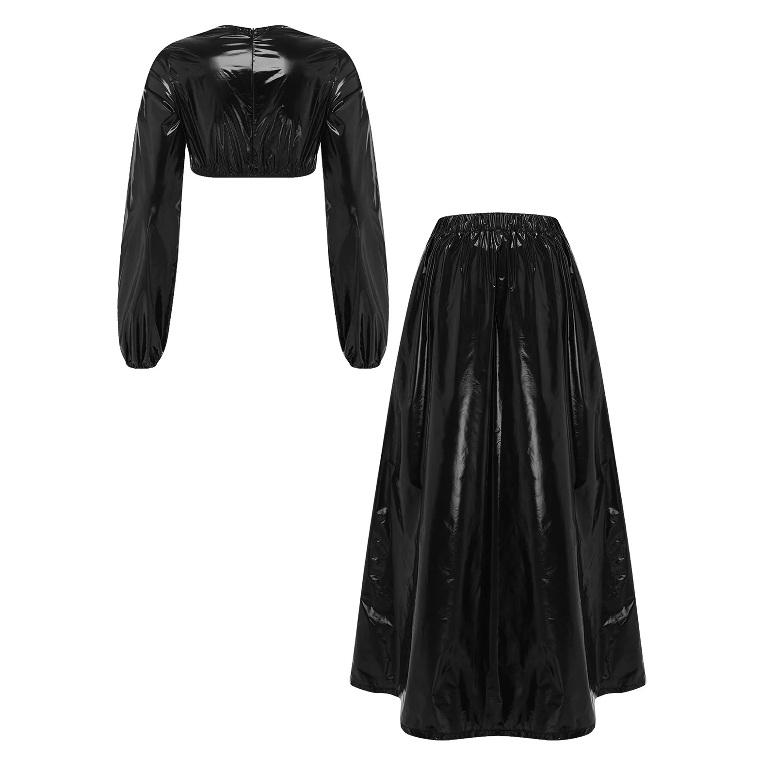 Women Waterproof Glossy Costume Nightwear Long Sleeve Zipper Crop Sweat Top and Swing Hem Maxi Skirt for Rave Party Beach Office