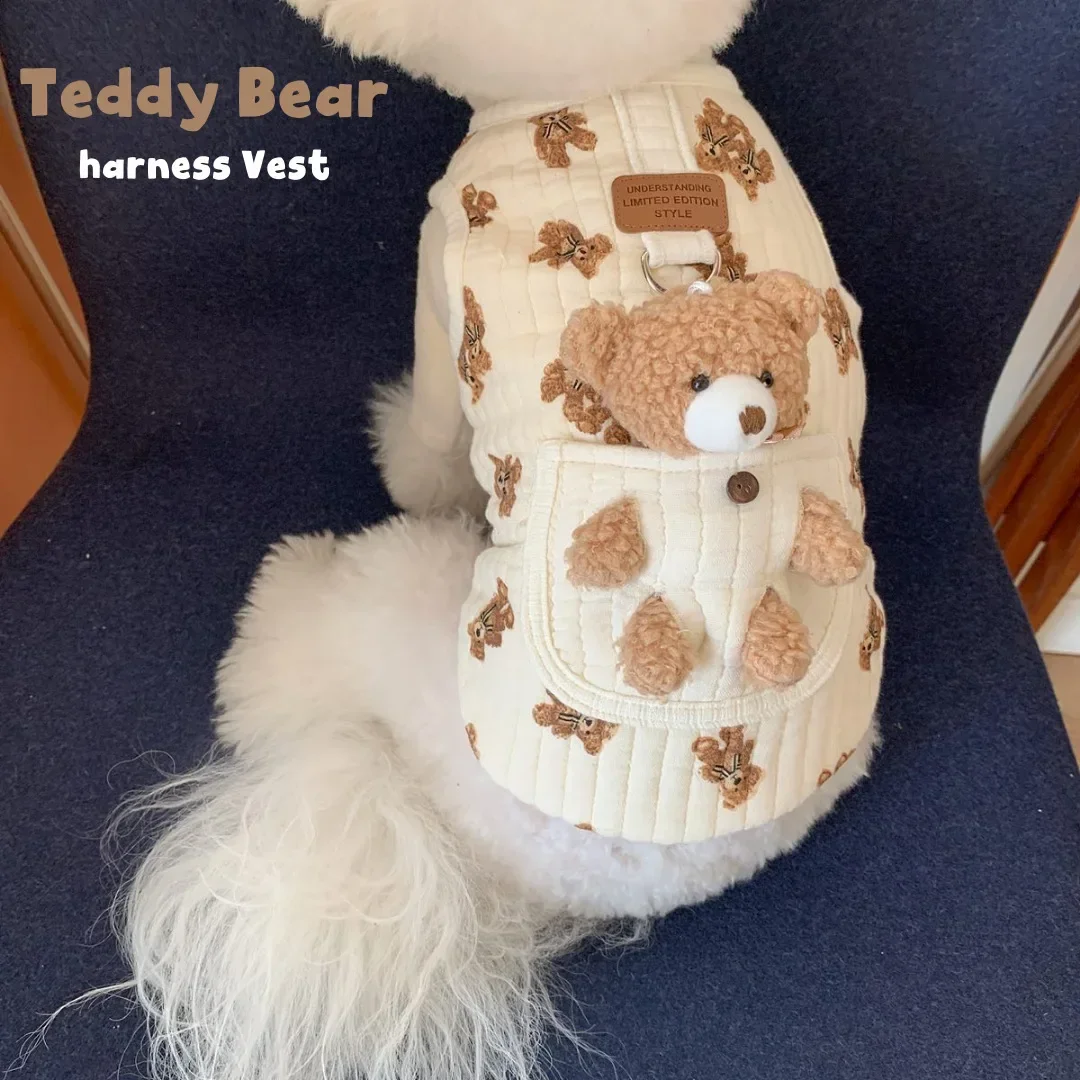 Winter New INS Cotton Dog Clothes Pocket Little Bear Cotton Jacket Vest Chest Back Pet Dog Cat Warm Printed Bear Sleeveless