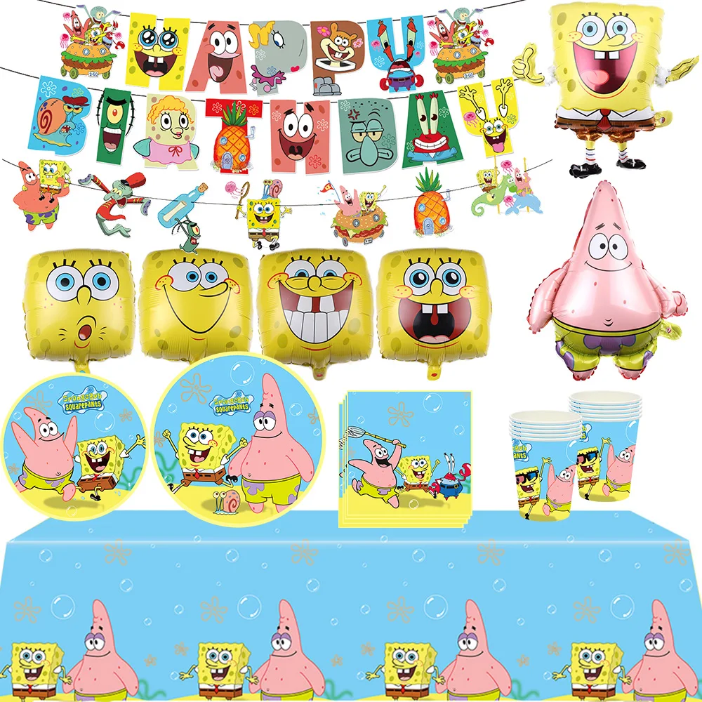 Cartoon SpongeBob Schwammkopf Geburtstagsparty-Dekorationen Patrick Star Luftballons Teller Servietten Kindergeburtstag Geschenke Babyparty