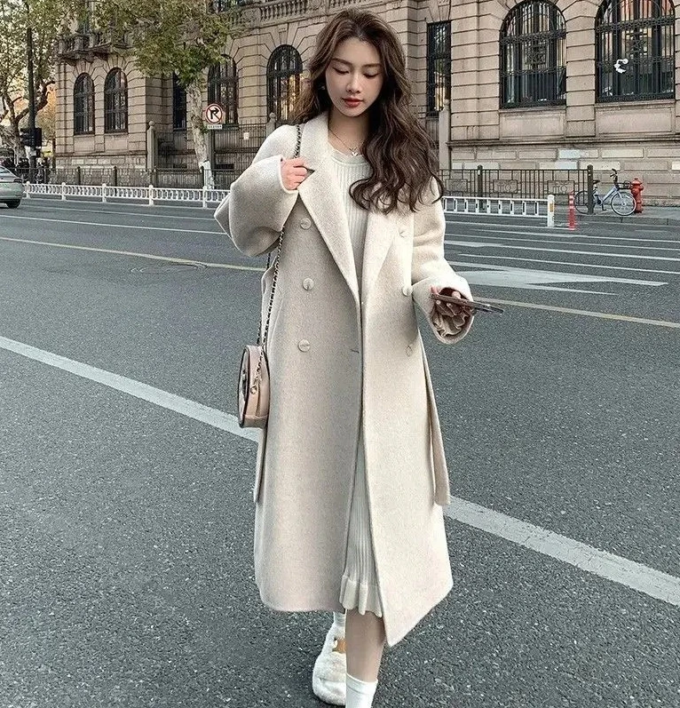 

Модное шерстяное пальто в корейском стиле, женская свободная куртка миди в студенческом стиле, осенне-зимнее новое поступление, верхняя одежда