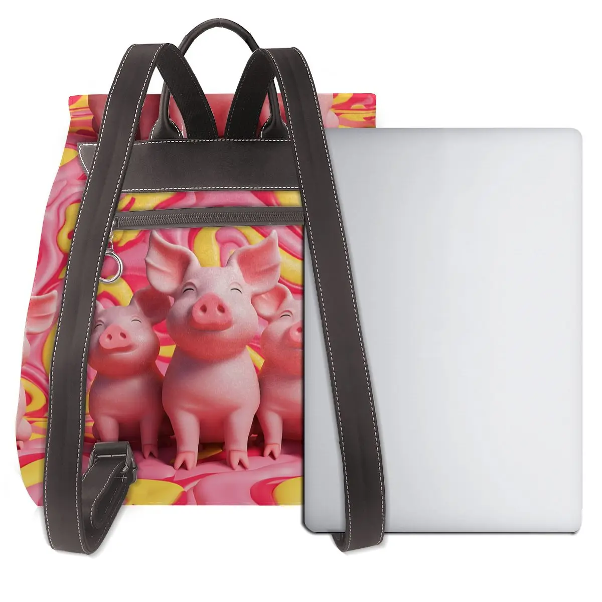 소용돌이 3D 패턴의 세 마리 핑크 돼지 새로운 여성용 배낭 디자이너 고품질 가죽 심플 패션 대용량 배낭