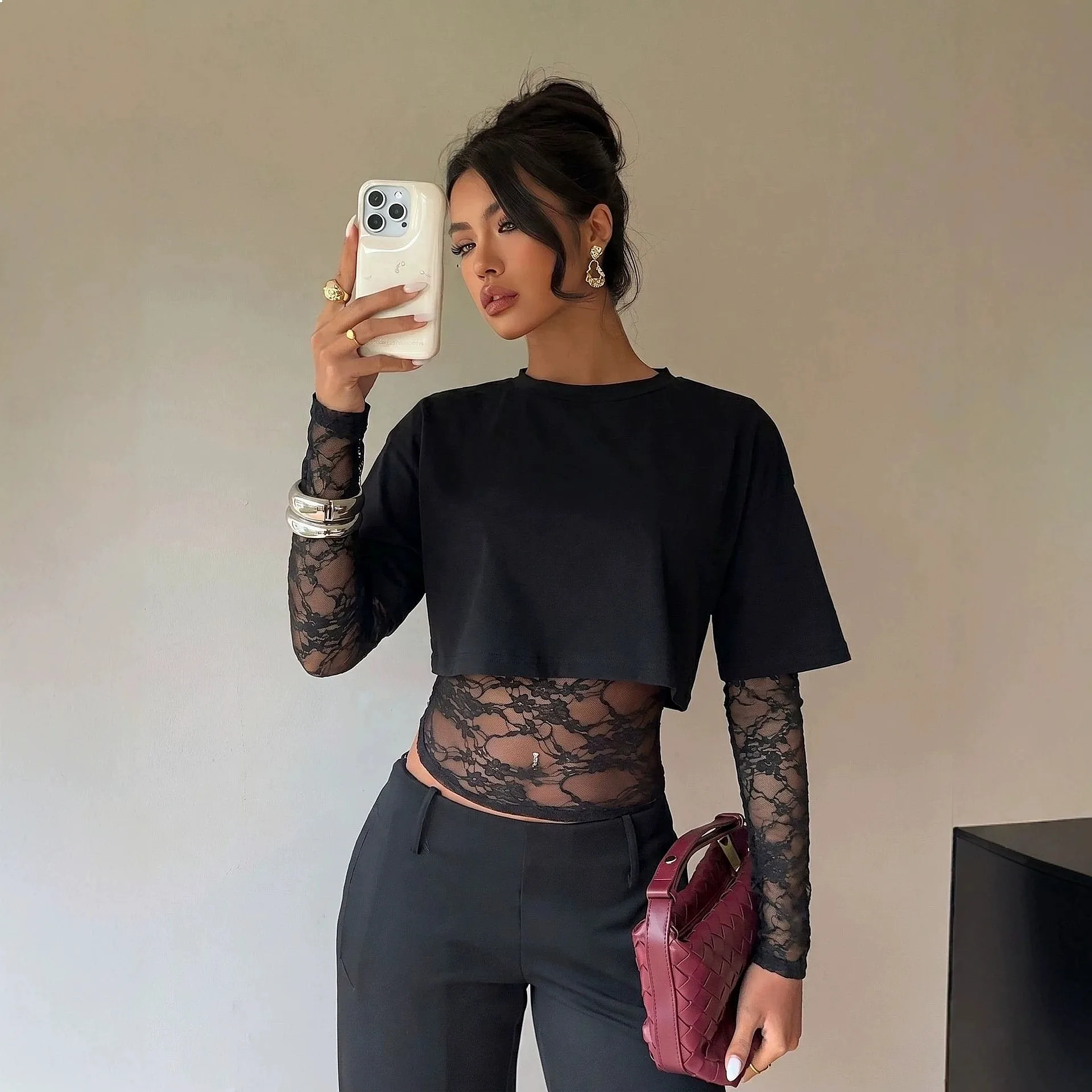 Cross-border Europe, America and 2026 autumn new lace splicing waist slim fit solid color long-sleeved lace top T-shirt