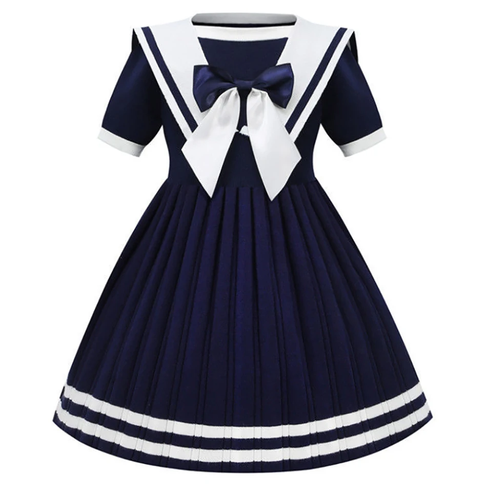 Adorabile estate manica corta tinta unita colletto da marinaio vestito ragazze stile principessa compleanni vestito da festa ragazze abiti Casual