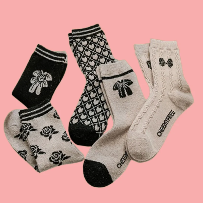 

5/10 Pairs Autumn And Winter Mid-tube Thick Warm Wool Socks Japanese Cute Ins Trendy All-match Pile Socks Retro Socks