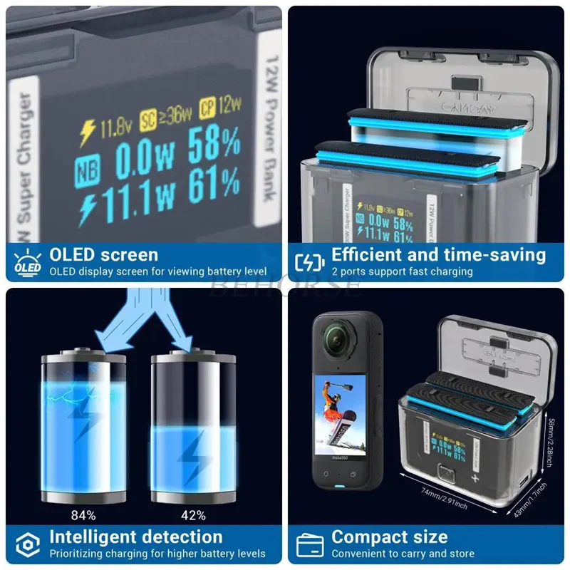 Scatola di ricarica della batteria a doppio canale per Insta360 X4 Hub del caricatore della custodia di ricarica rapida per accessori per fotocamere