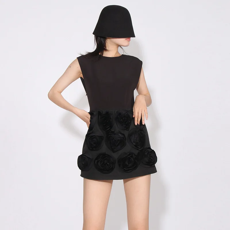 French Elegant Temperament Socialite Round Neck Sleeveless 3D Floral Lace-up Backless High Waist Slim Striped Short Dress Women