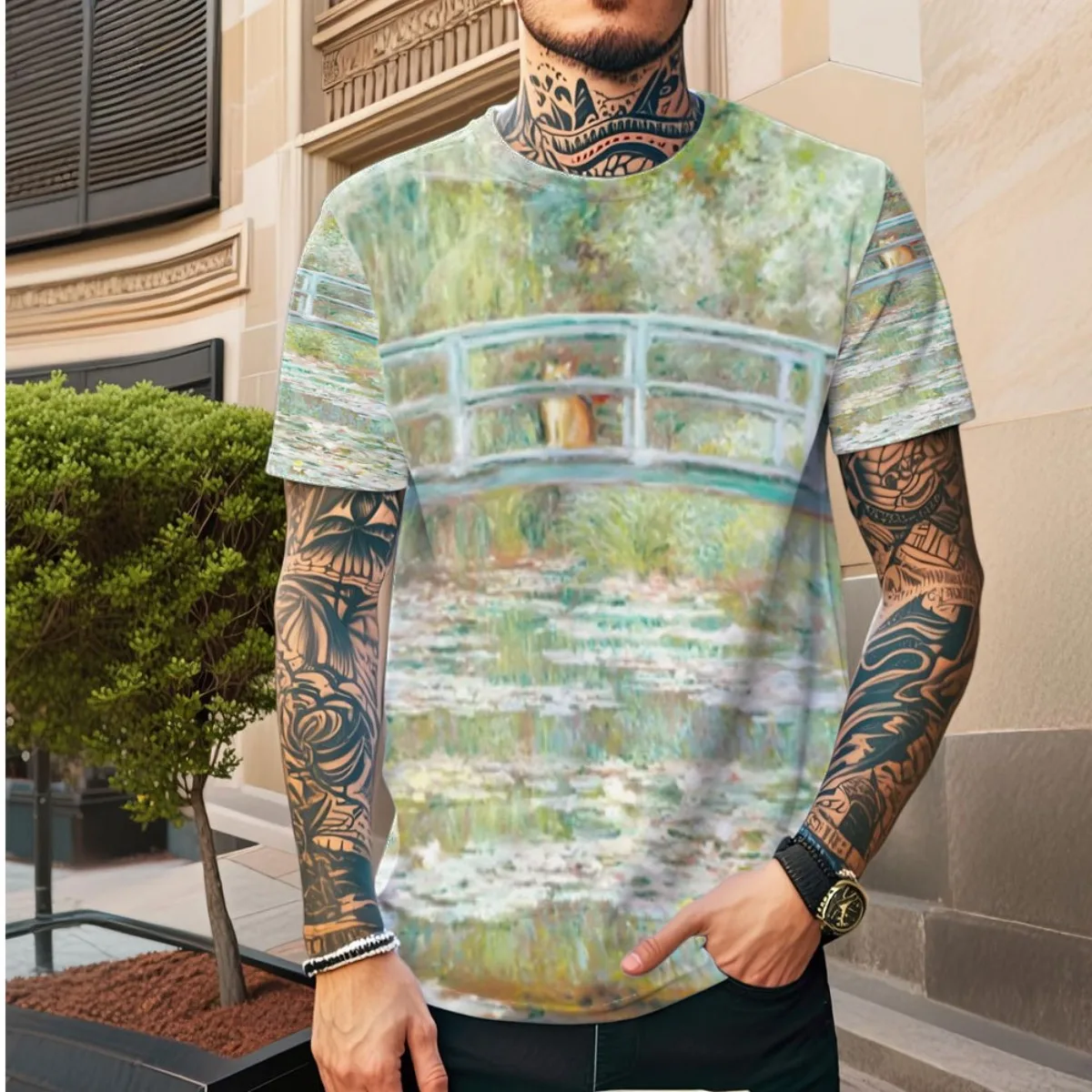 クラウド・オレンジ・オン・ジャパニーズ・ブリッジ・ウォーターリリー・ポンド・ポスター新着ファッションメンズ半袖オールオーバープリントTシャツU