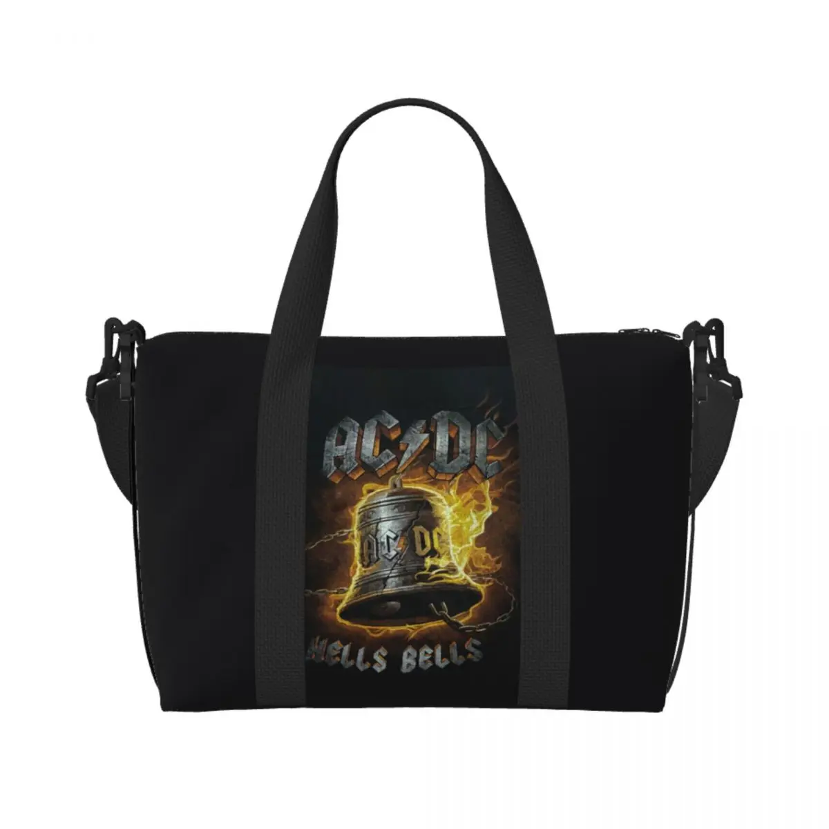 

Custom AC DC Hells Bells Tote Bag Women Large Capacity Retro Rock Beach Gym Shoulder Travel Bag