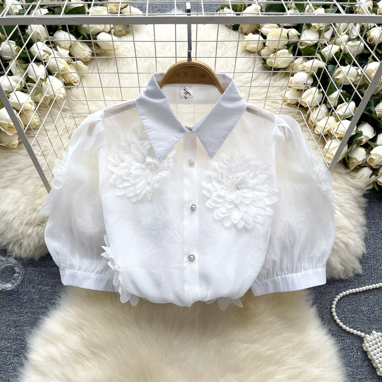 Chic Elegant Three-dimensional Floral  Puff short Sleeve Loose Top Vintage Korean Fairy Crop Top summer Women Clothing