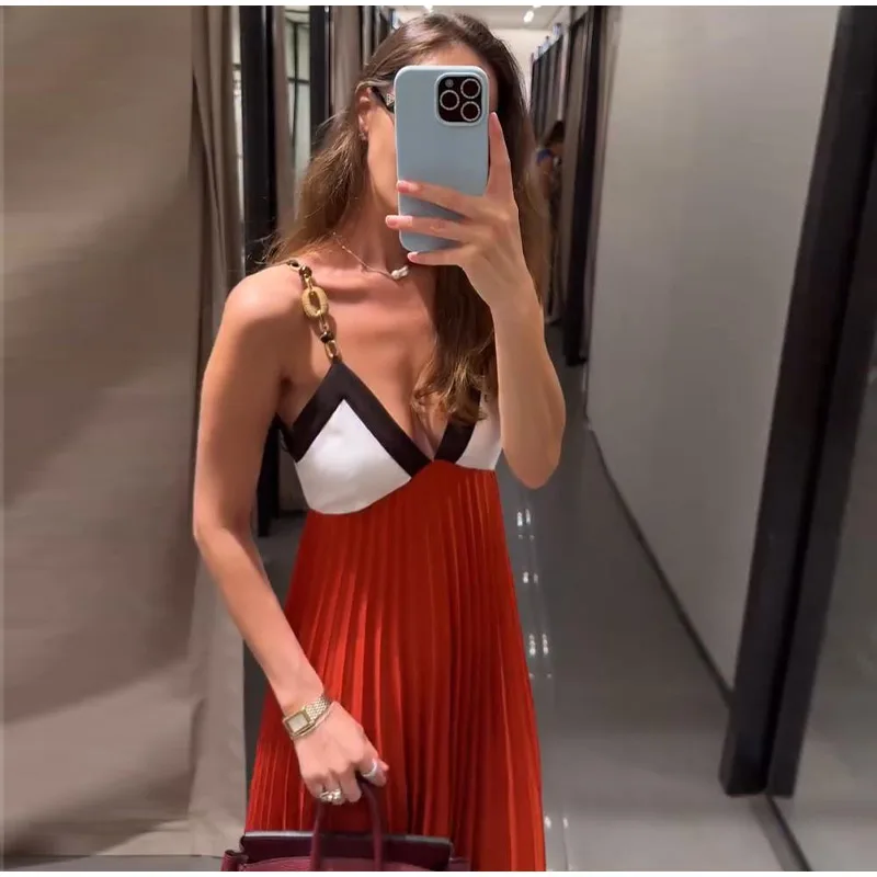 Kettenmuster-Maxikleid mit Spaghettiträgern, Farbblock-Design, V-Ausschnitt, A-Linie, Locker Geschnittenes Langes Kleid für Gäste und Partys, Sommermode 2026, Elegantes Abendkleid – Detail 1