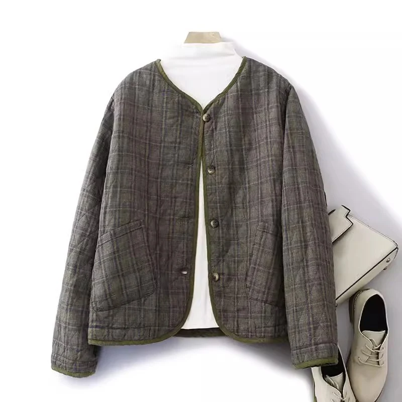 Vintage letterario Plaid donna corto sottile parka 2024 nuovo autunno Casual allentato cotone imbottito cappotto ufficio signora capispalla