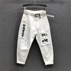 Fashion Casual Pants For women Summer 2026 New White Letter Patch Fabric Loose Pants Comfortable Nine point Denim Harem Trousers