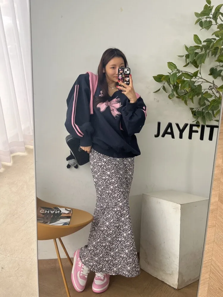 

Floral Print f-length Skirt Women's Vintage Elastic Waist Slimming Chiffon Dra Personali Versatile Bodycon Fi-tail...