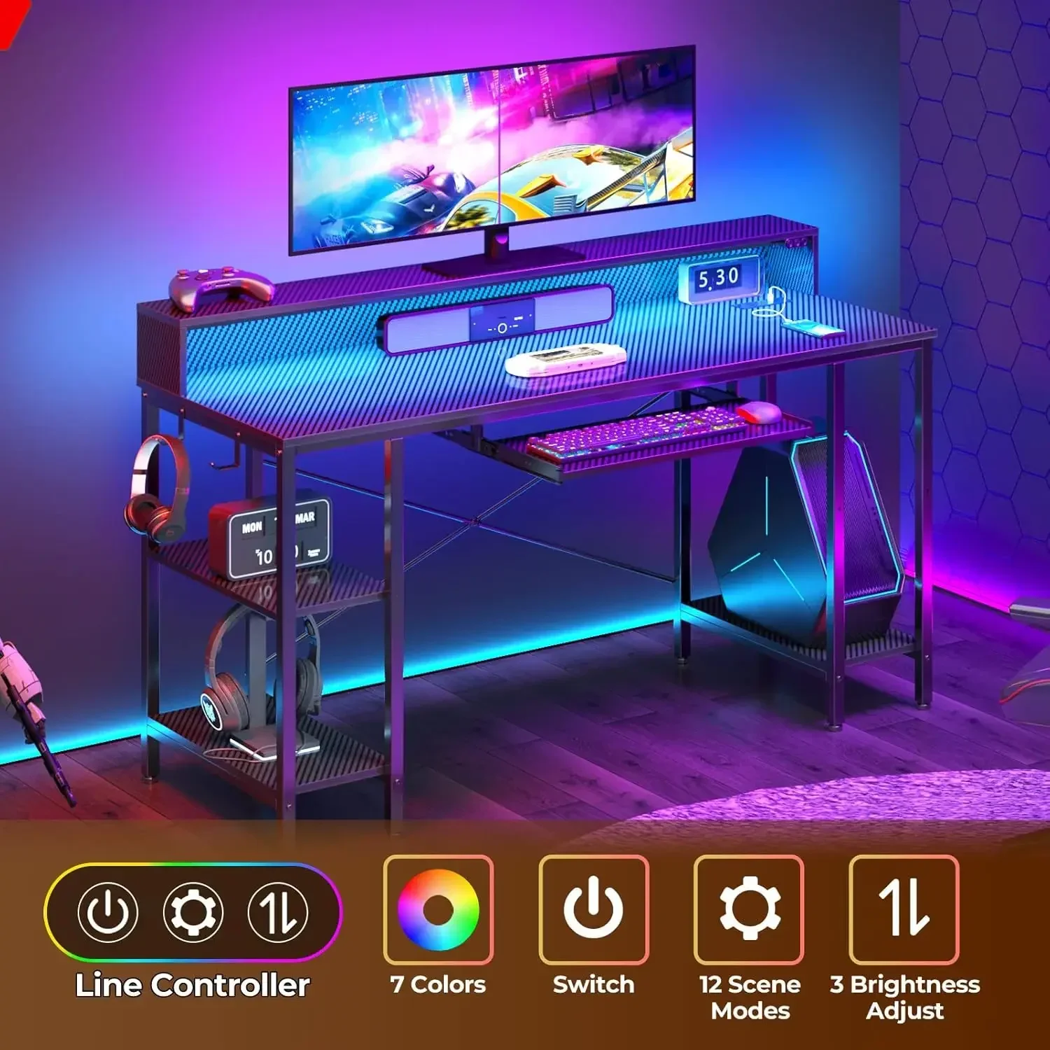 Mesa de computador com luzes LED e tomadas de energia, mesa de jogos de 54" com prateleiras de armazenamento, mesa de escritório doméstico, cor disponível