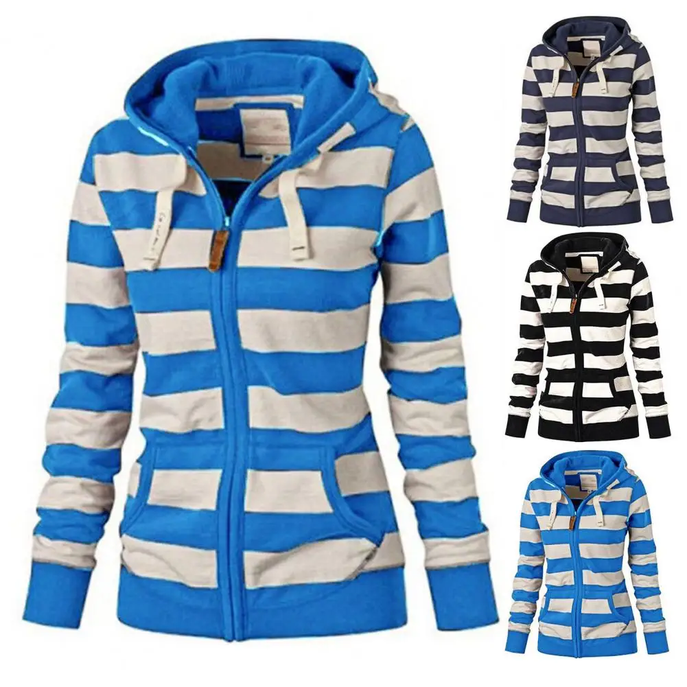 Women Sweatshirt Striped Hooded Autumn Winter Drawstring Pockets Long Sleeve Zipper Tops Hoodie for Sports