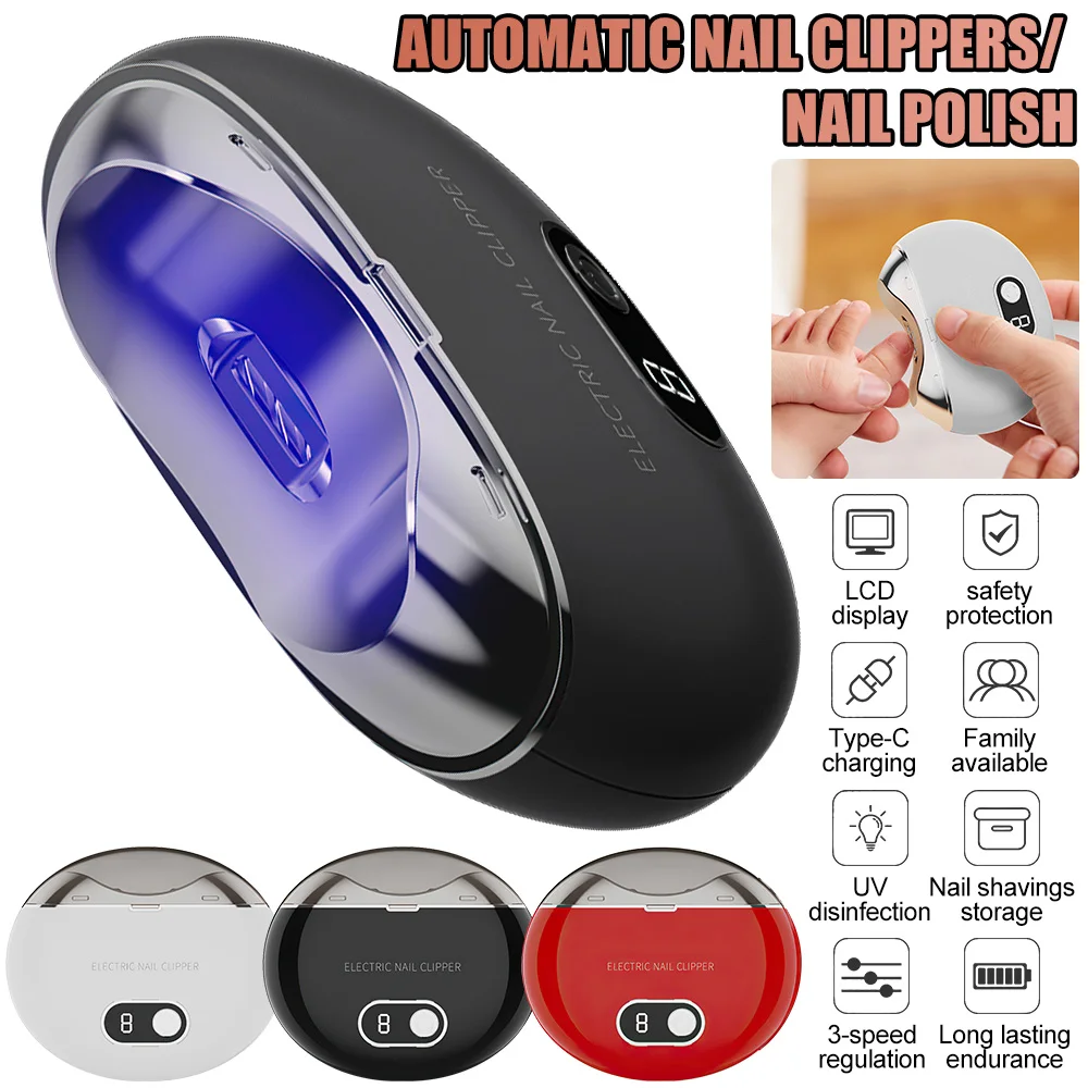 Cortador de unhas elétrico automático com luz, cortador de esmalte, Super Quiet Manicure, USB recarregável, bebê e adulto