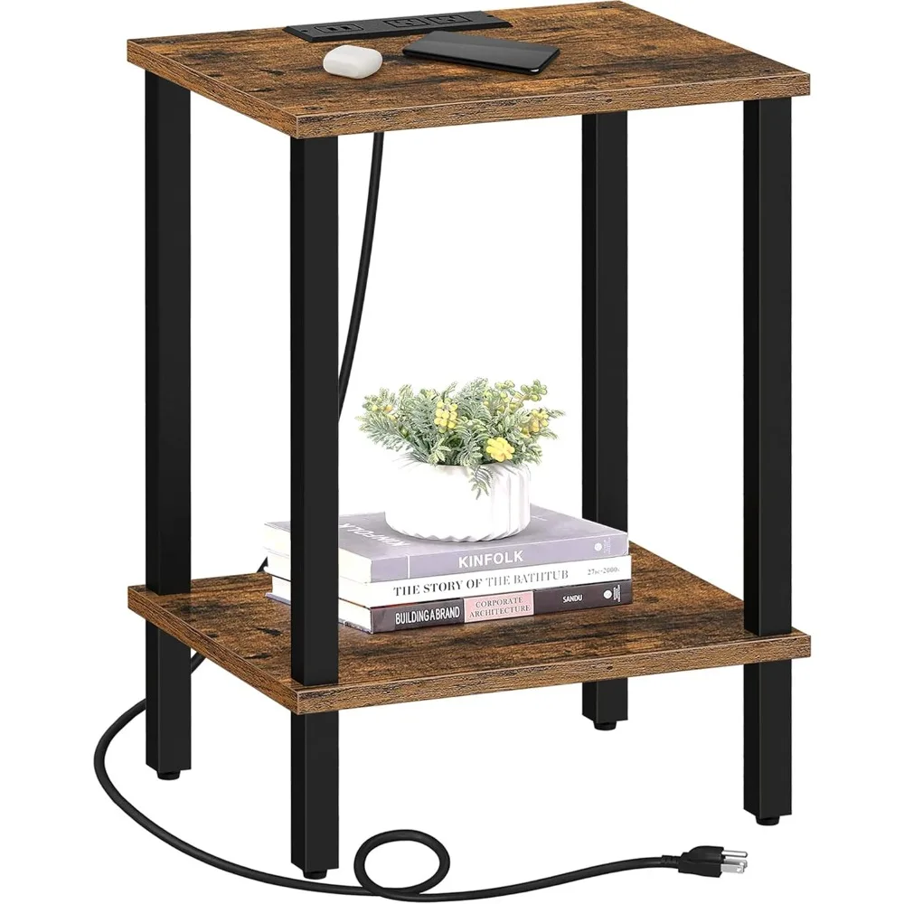 End Table with Charging Station, Side Table with USB Ports and Outlets, Nightstand, 2-Tier Storage Shelf, Sofa Table for