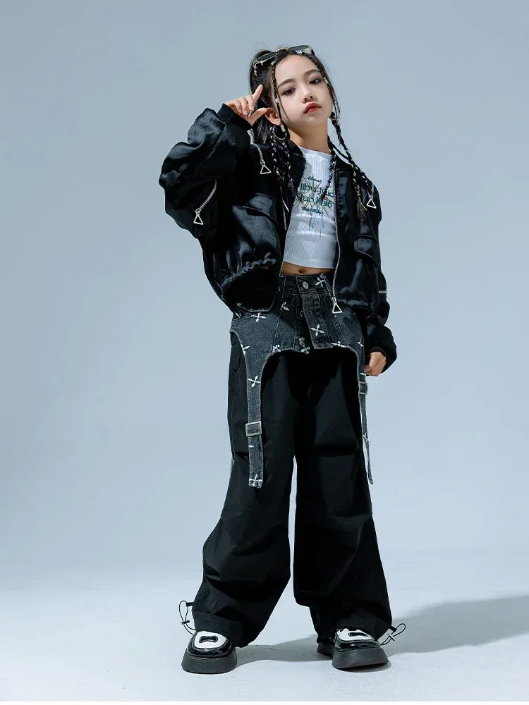 Street Dance Wear Ballsaal Hip Hop Bühnenkostüme Kinder Jazz Dance Performance Kleidung Mädchen Denim Bund Anzug