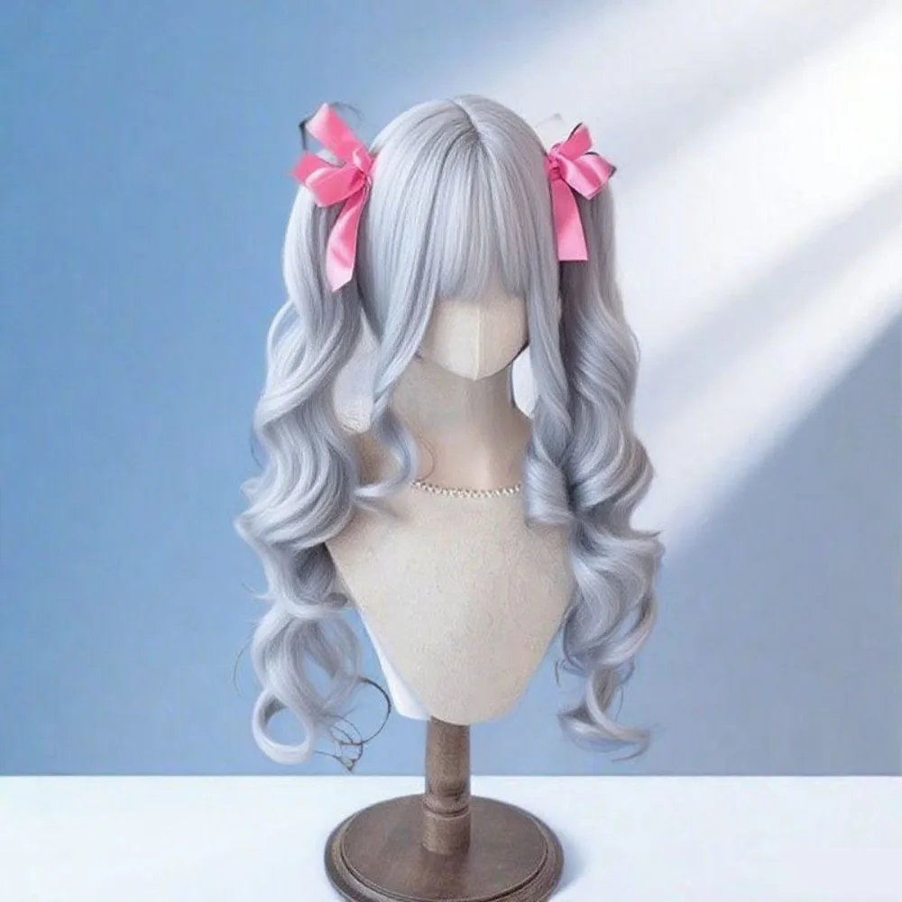 ‌ Parrucca riccia ondulata rosa Lolita - Capelli naturali da 65 cm, doppie code di cavallo con frangia, parrucca cosplay carina, nuovo arrivo 2025