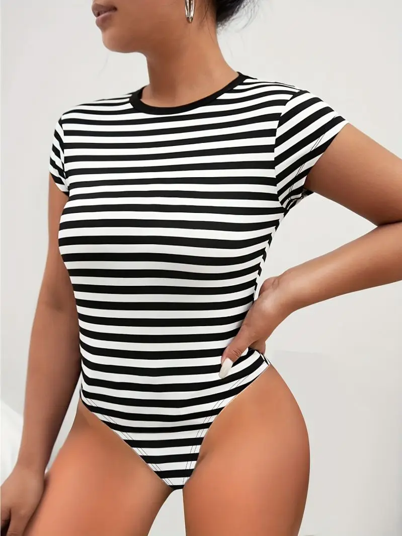 Women's Short Tight Fitting Jumpsuit with Short Sleeves Slimming Body Shape for Daily Wear Basic Top for Outerwear