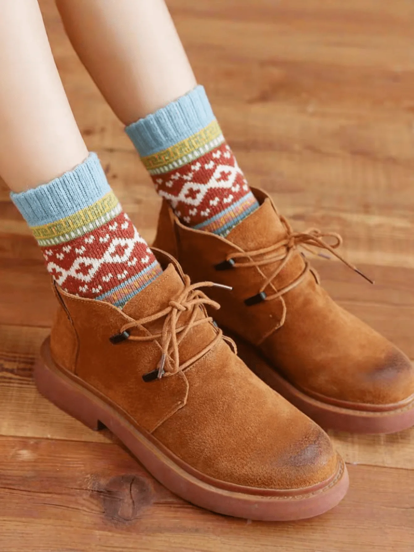 Calcetines de mujer de estilo étnico Retro, calcetines de lana gruesos y cálidos con flores cruzadas, calzado femenino Cultural artístico