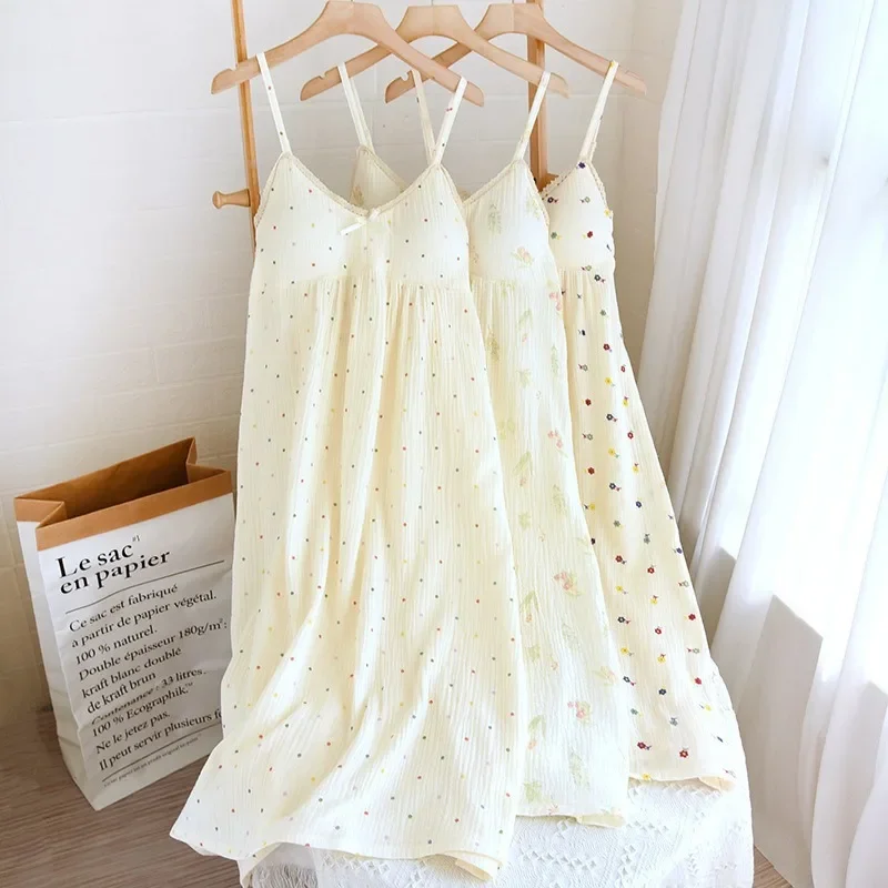 Summer Women Suspender Dress 100% Cotton Crepe Nightdress Comfortable Home Dress Lovely Flower Loose Skirt Dress With Chest Pad