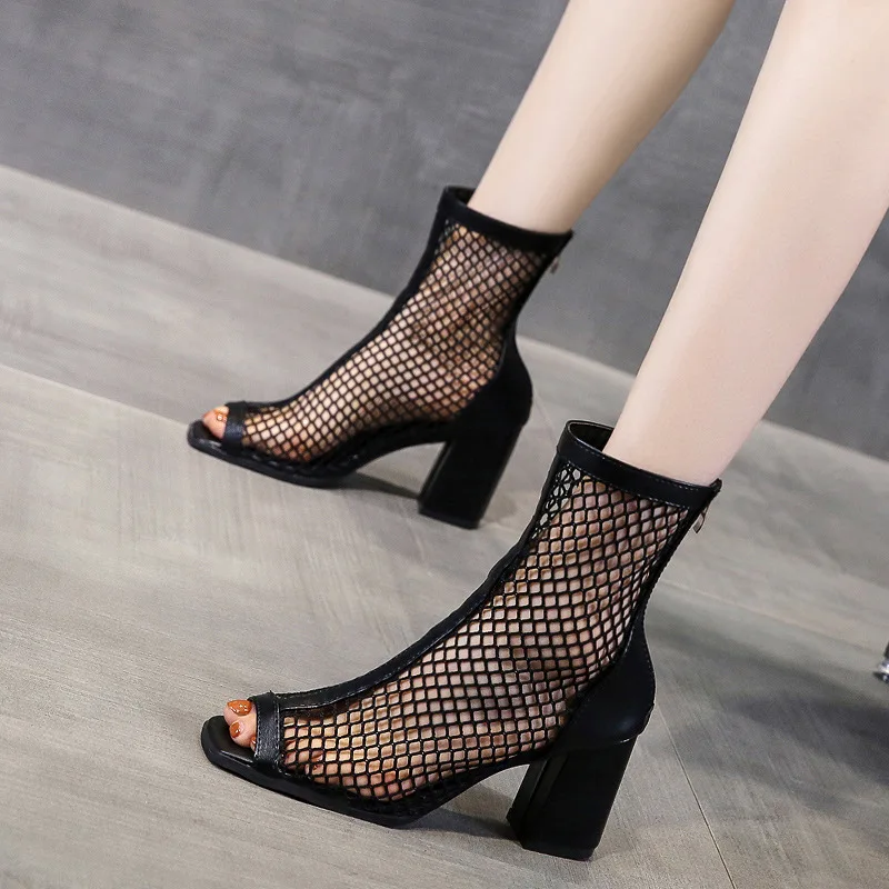 KNCOKAR  The new crystal and sexy fashionable fish mouth is transparent thick and high heel mesh female cool boots