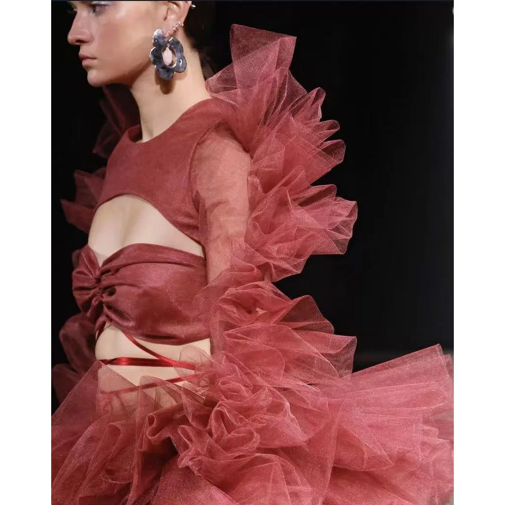 Burgundy Full Sleeve Flare Puffy Maxi Prom Dress O-Neck Ankle Length Lush Sexy Beauty Party Gown Customizable Long Dress