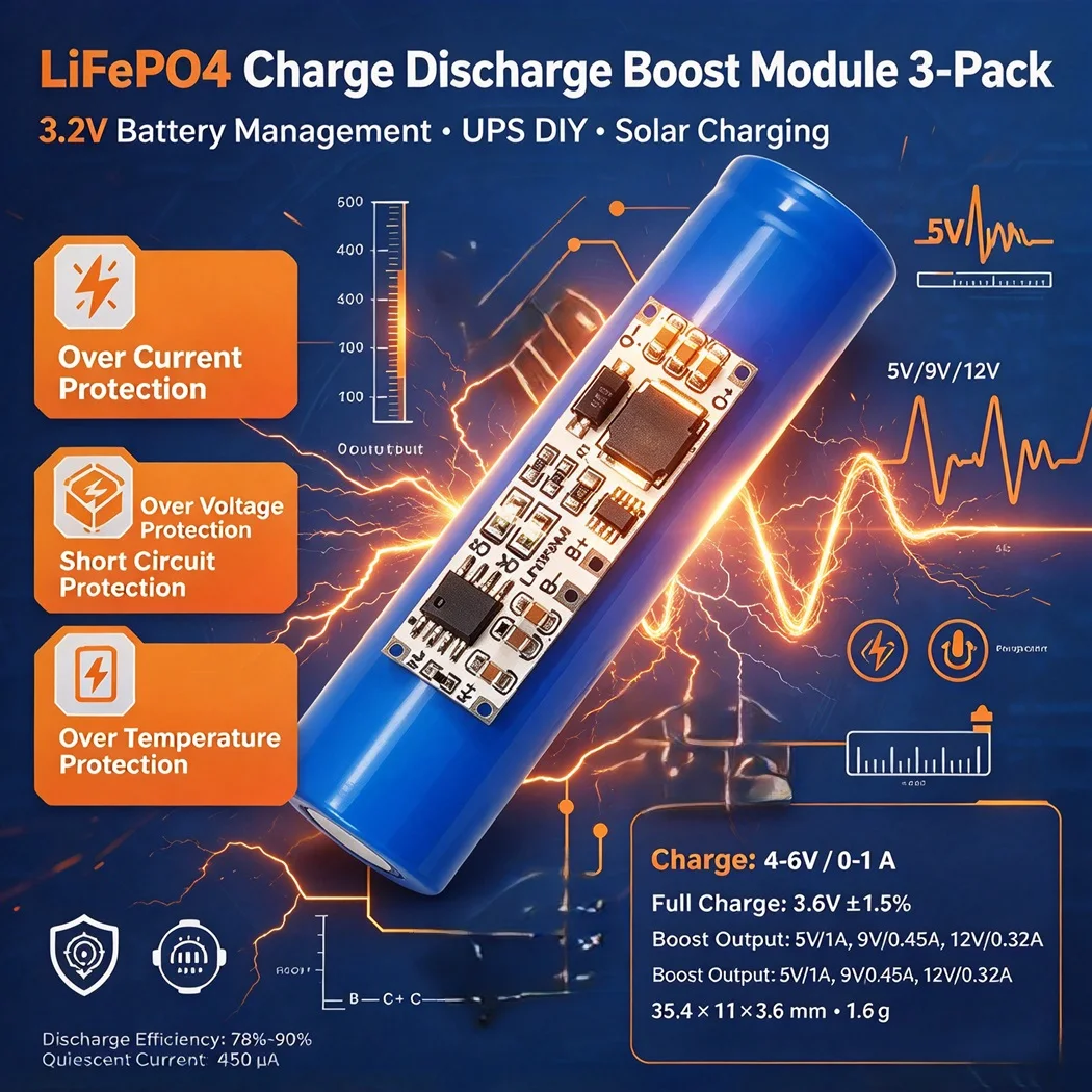 3PCS 3.2V 1S LiFePO4 Charge Discharge Boost Module DC5V Input 3.6V Full Charge 5V 9V 12V Output for ESP32 UPS Solar