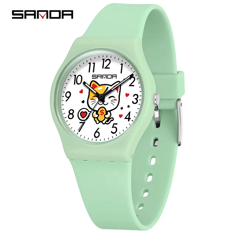 Fashion Sanda 6139 Student Quartz Watch Creative Cute Cartoon Wealth Cat Silicone Strap Wristwatch For Boys And Girls Clock Gift