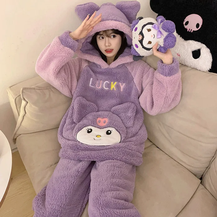 

New Autumn Winter Sanrios My Melody Coral Velvet Pajamas Women Kuromi Cinnamoroll Thicken Hooded Cartoon Cute Home Clothes Suit