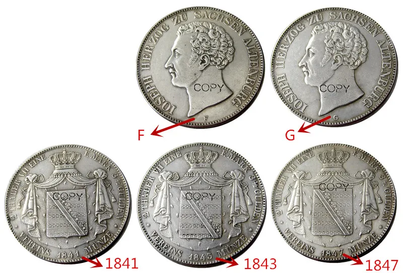 GERMAN STATES. Saxe-Altenburg. Joseph. A Set of (1841 1843 1847) FG 6PCS AR 2 Thaler Silver Plated Copy Coin