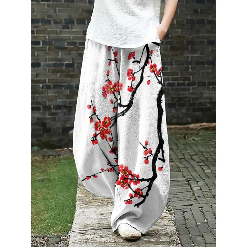 

Японские широкие брюки с принтом цветов сливы, женские классические брюки с цветочным принтом, повседневная летняя свободная уличная одежда, шикарные брюки в стиле бохо