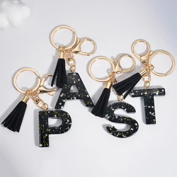 Black Initials A-Z Keychain Glitter Star Sequins Resin Letters Keyring With Tassel For Women Bag Ornaments Charm Car Key Holder