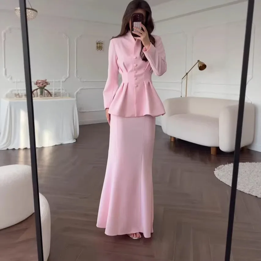 

Solid Stand Collar Peplum Blazer Mermaid Skirt Two Piece Set Long Sleeve Single Breasted High Waist Women Maxi Skirt Suit 260701