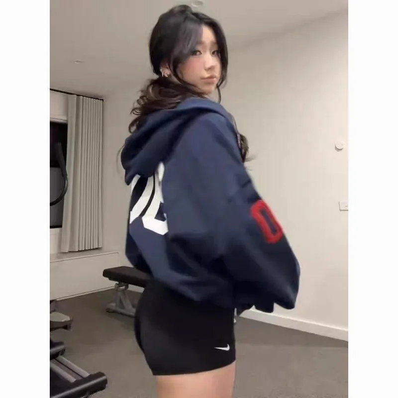 American Retro Embroidered Zip Up Hoodie Loose Oversize Jacket for Women Spring Autumn