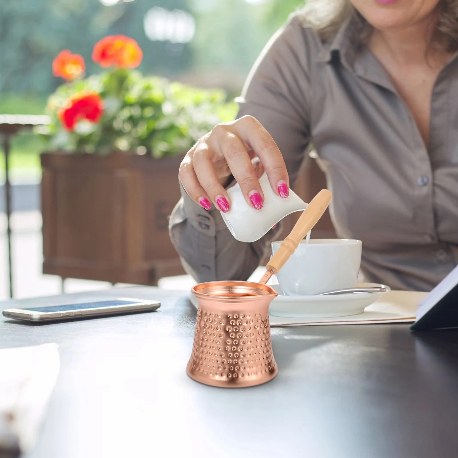 

Sturdy Copper Alloy Wood Coffee Pot Ibrik Multipurpose Hot Beverage Maker for Coffee and Milk Cooking Ibrik Metal Beverage Pot