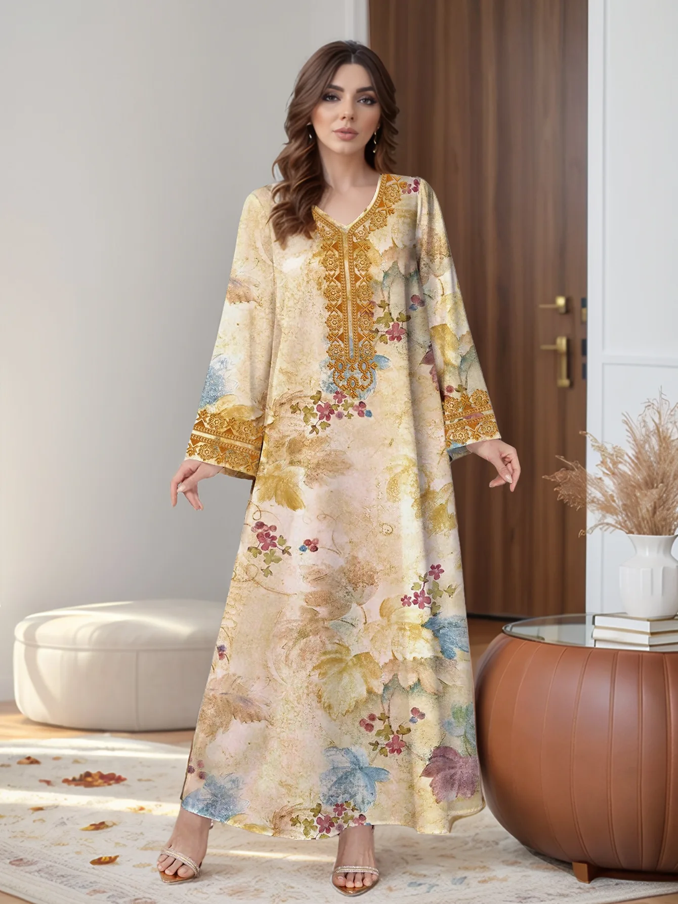 

Eid Party Dress for Women Muslim Abaya Print V Neck Jalabiya Ramadan Long Dresses Vestidos Largos Kaftan Arab Long Robe 2025