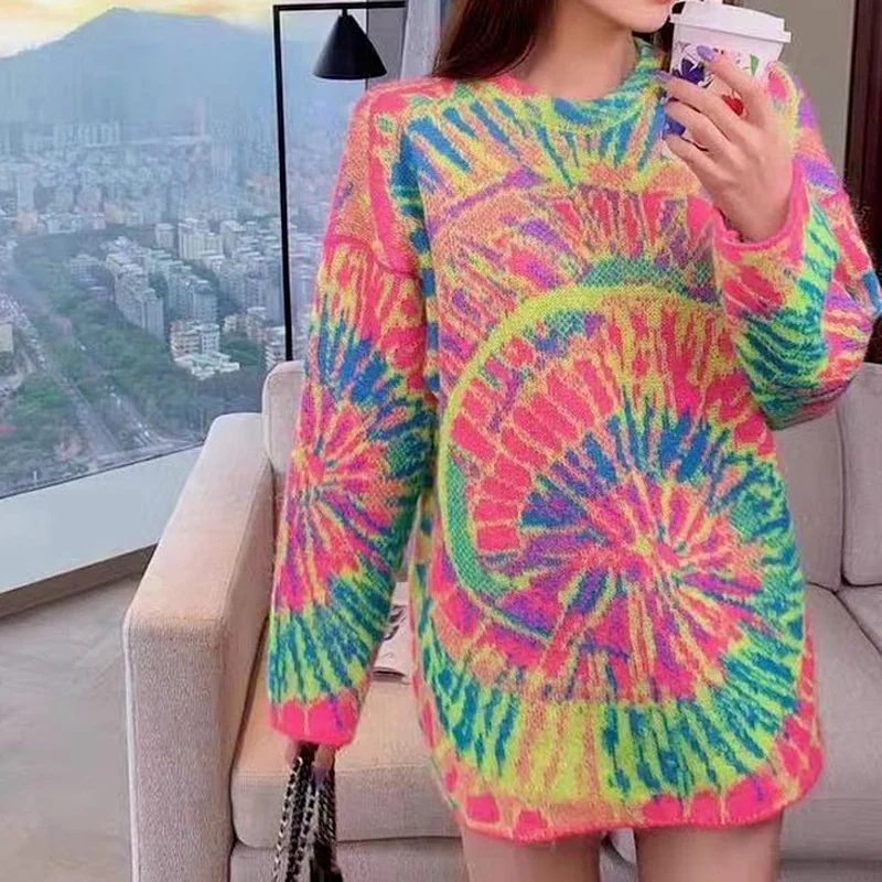 Nuove donne maglione sciolto corea Chic autunno inverno o-collo Pullover allentato Jacquard Design Casual Versatile Midi Pullover lavorato a maglia
