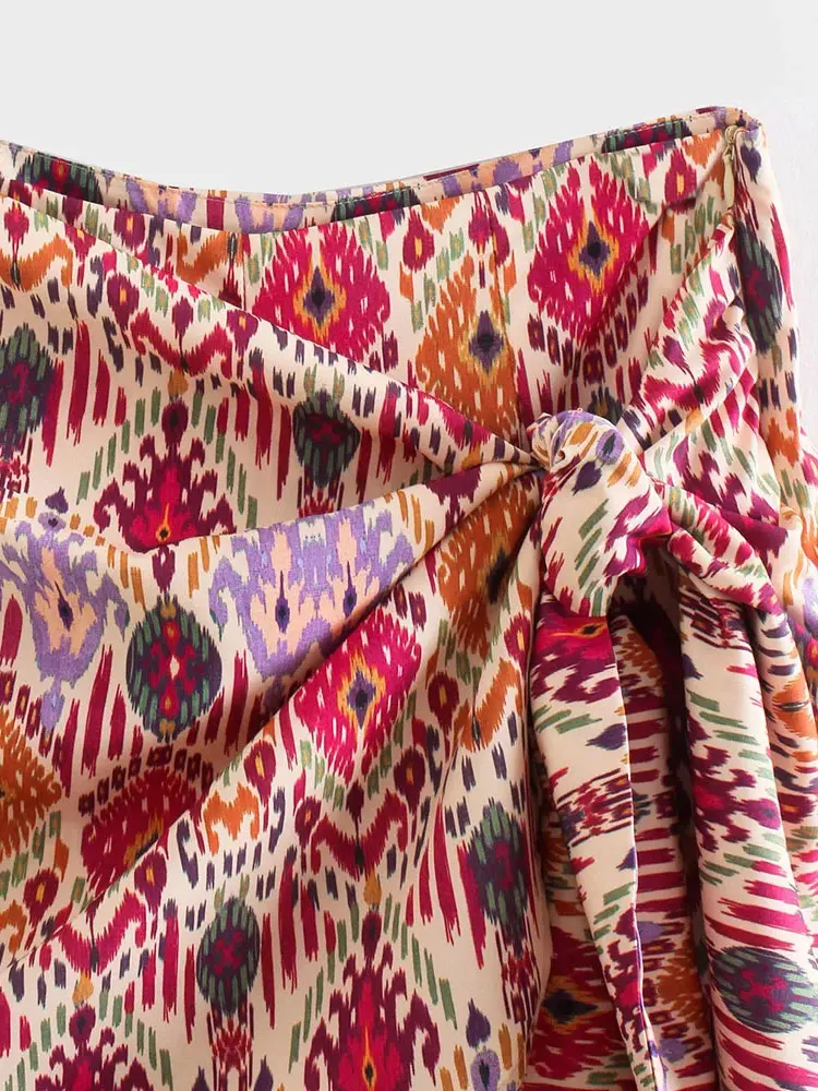 Women Fashion With Knotted Totem Print Shorts Skirts Vintage High Waist Side Zipper Female Skirts Mujer