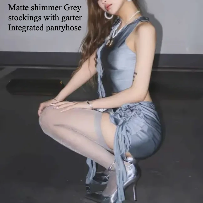 

Korean Girl Tights Matte Shimmer Grey Stockings with garter Integrated Pantyhose for Women Young Girl Friend