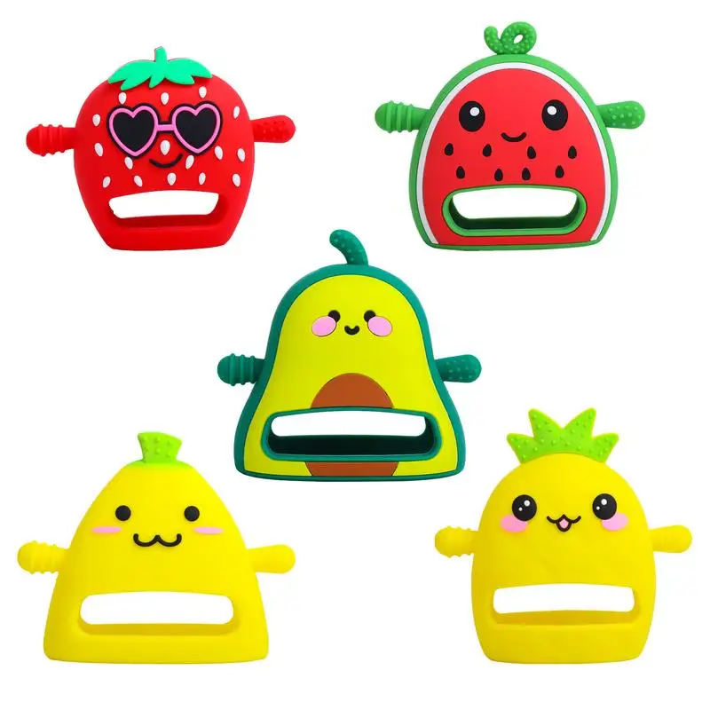 

Teething Hand Mitten Cute Fruit Design Hand Wrist Wearable Teether Food Grade Soft Anti Dropping Silicone Hand Teether Relief